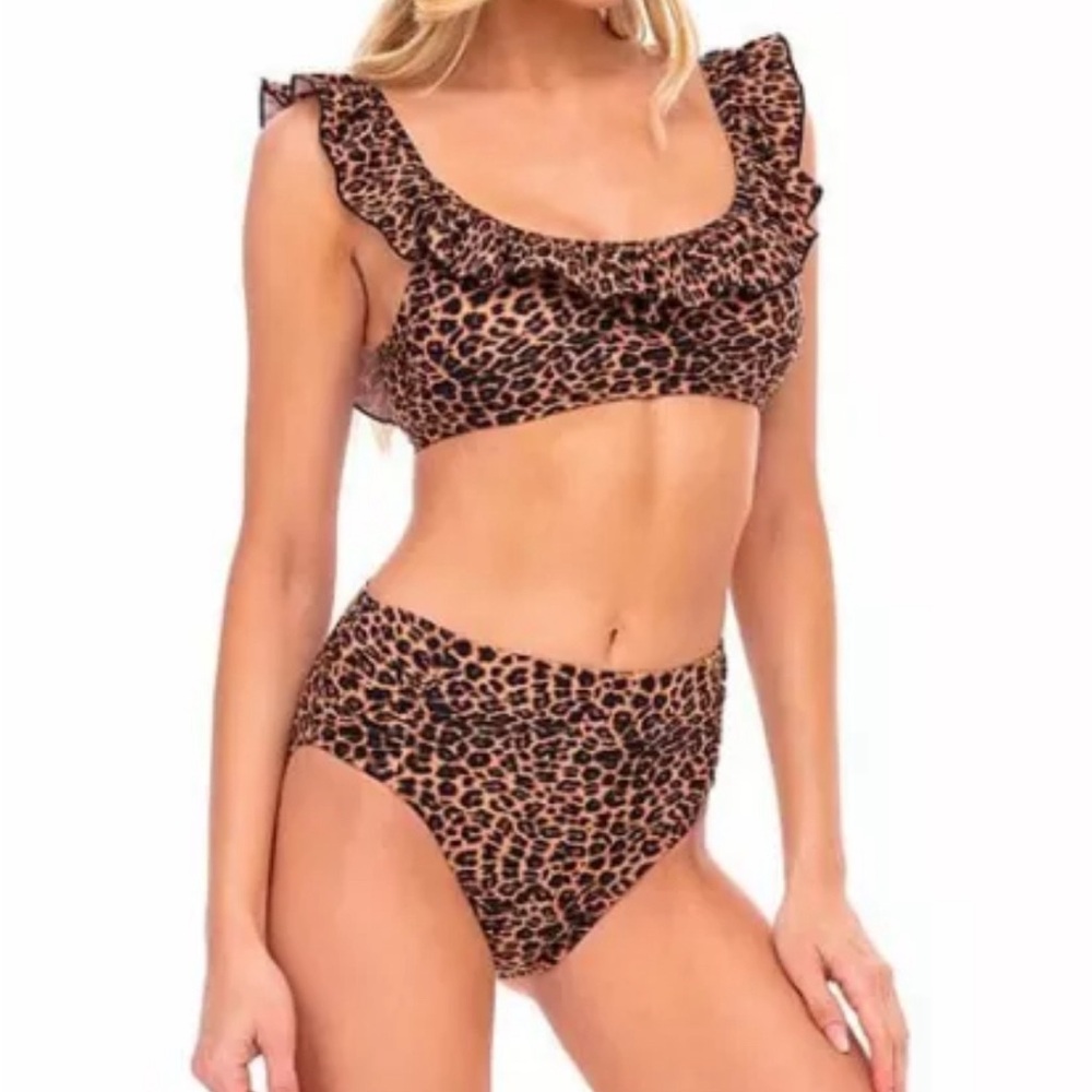 NEW Cabana Del Sol Cheetah Bikini Ruffle -Yoke Bikini Top High Waist Small NWOT